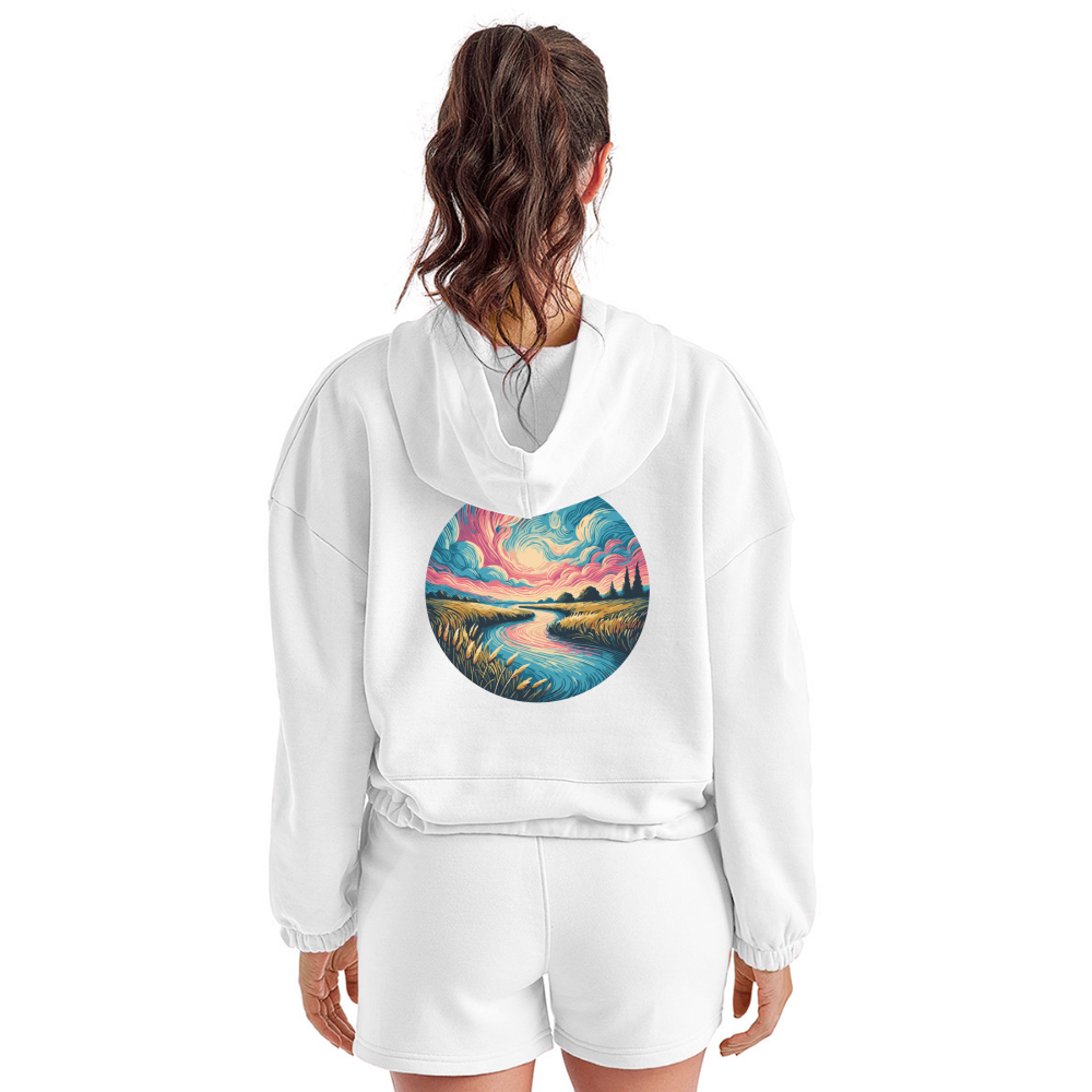 Women’s River Pink and Blue Sky Graphic Cropped Hoodie with Logo - white