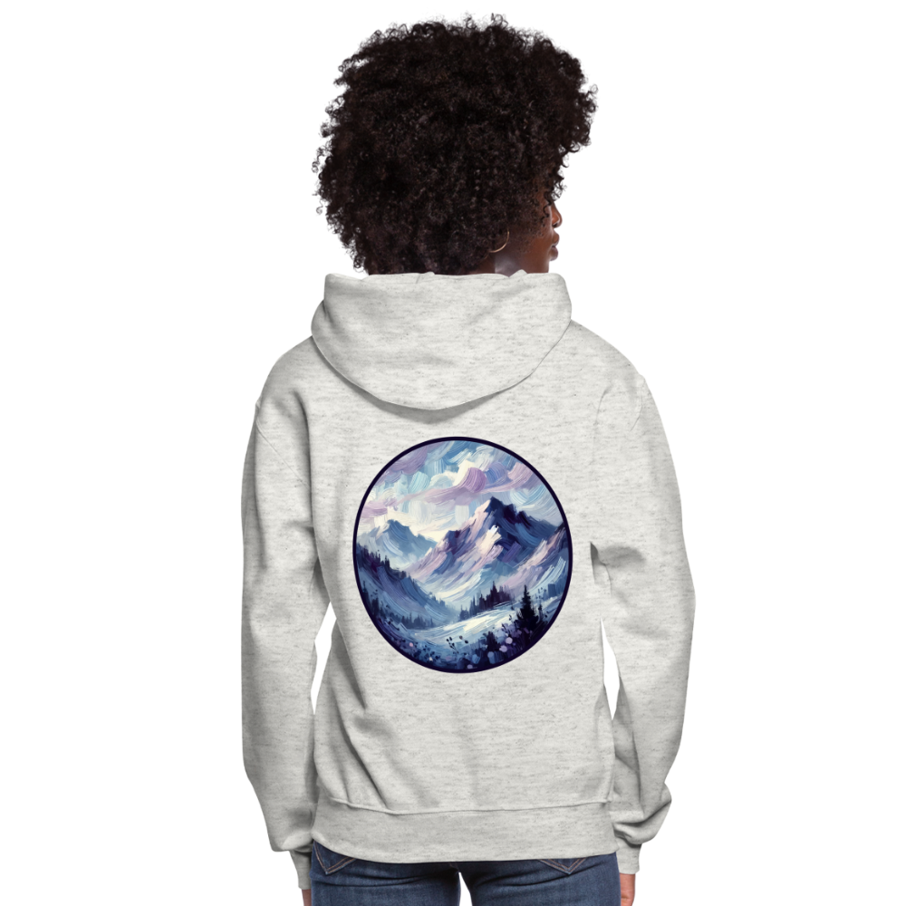 Women's Lavender Blue Mountain Range Graphic Hoodie with Logo - heather oatmeal