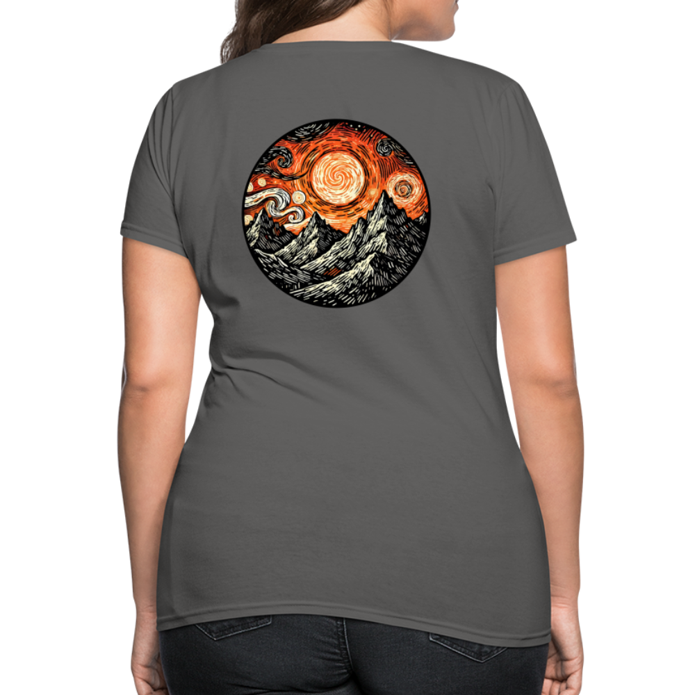 Women's Orange Swirling Mountains Graphic T-Shirt with Logo - charcoal