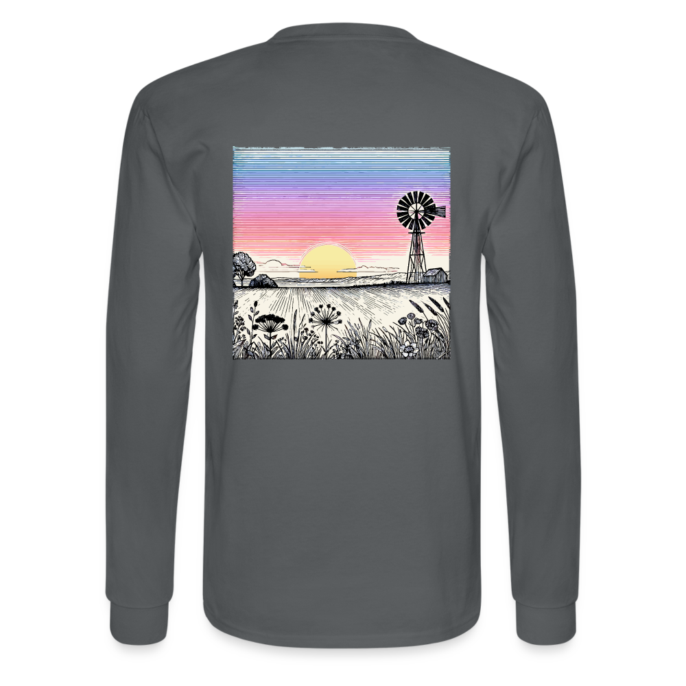 Men's Colored Prairie Landscape Graphic Long Sleeve Shirt with Logo - charcoal