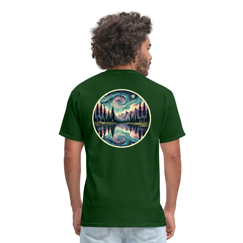 Purple Swirling Sky Reflected on Lake Graphic Unisex Classic T-Shirt with Logo - forest green