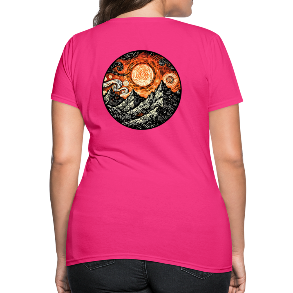 Women's Orange Swirling Mountains Graphic T-Shirt with Logo - fuchsia