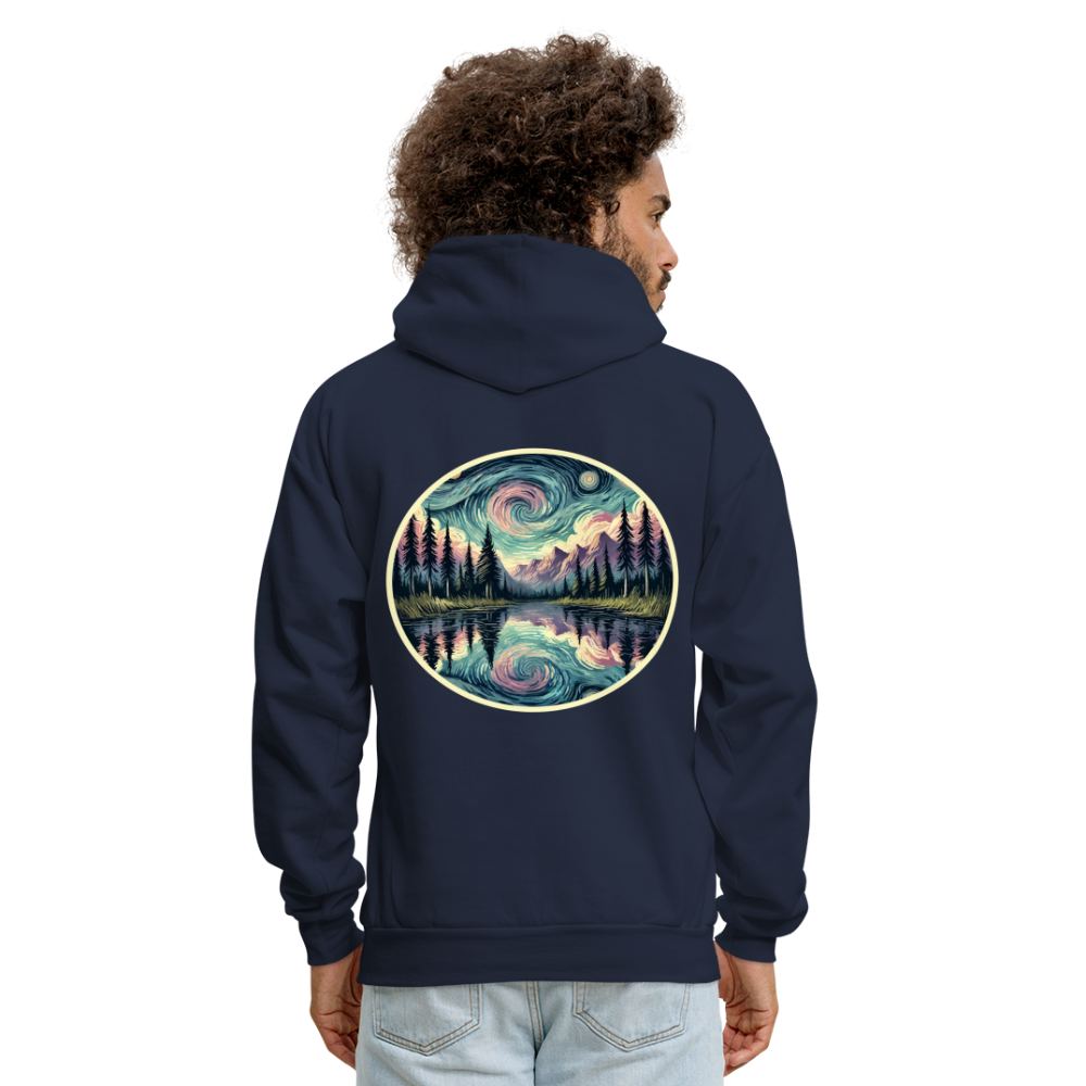 Men's Purple Swirling Sky Reflected on Lake Graphic Hoodie with Logo - navy