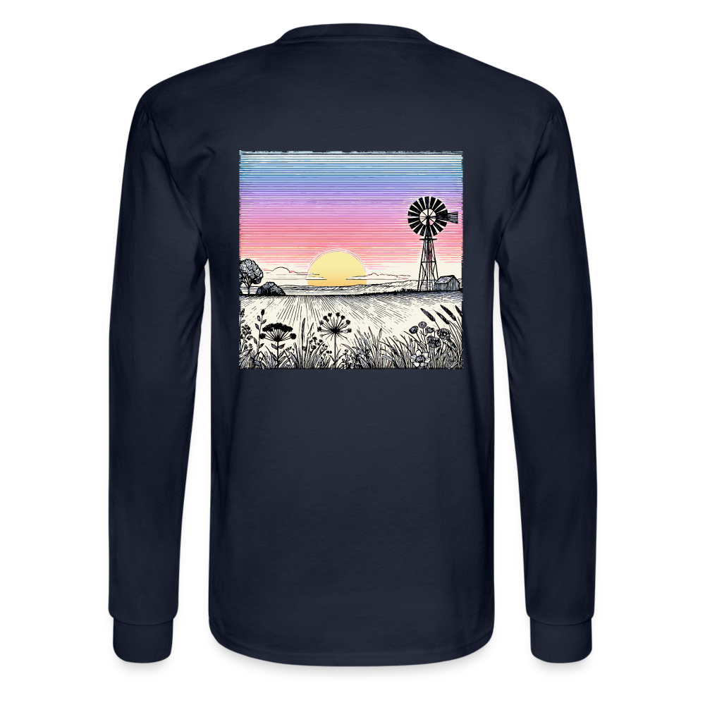 Men's Colored Prairie Landscape Graphic Long Sleeve Shirt with Logo - navy