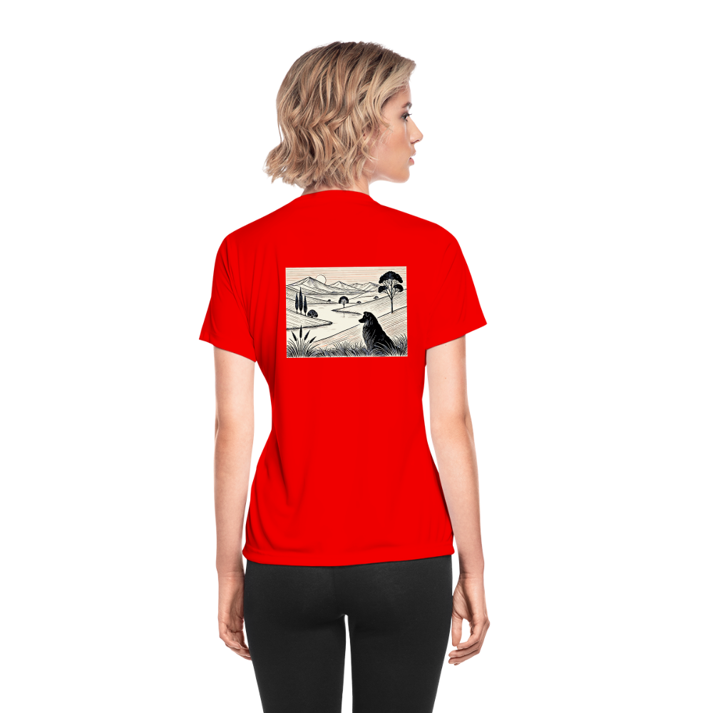 Women's Australian Shepherd Prairie Graphic Moisture Wicking Performance T-Shirt with Logo - red