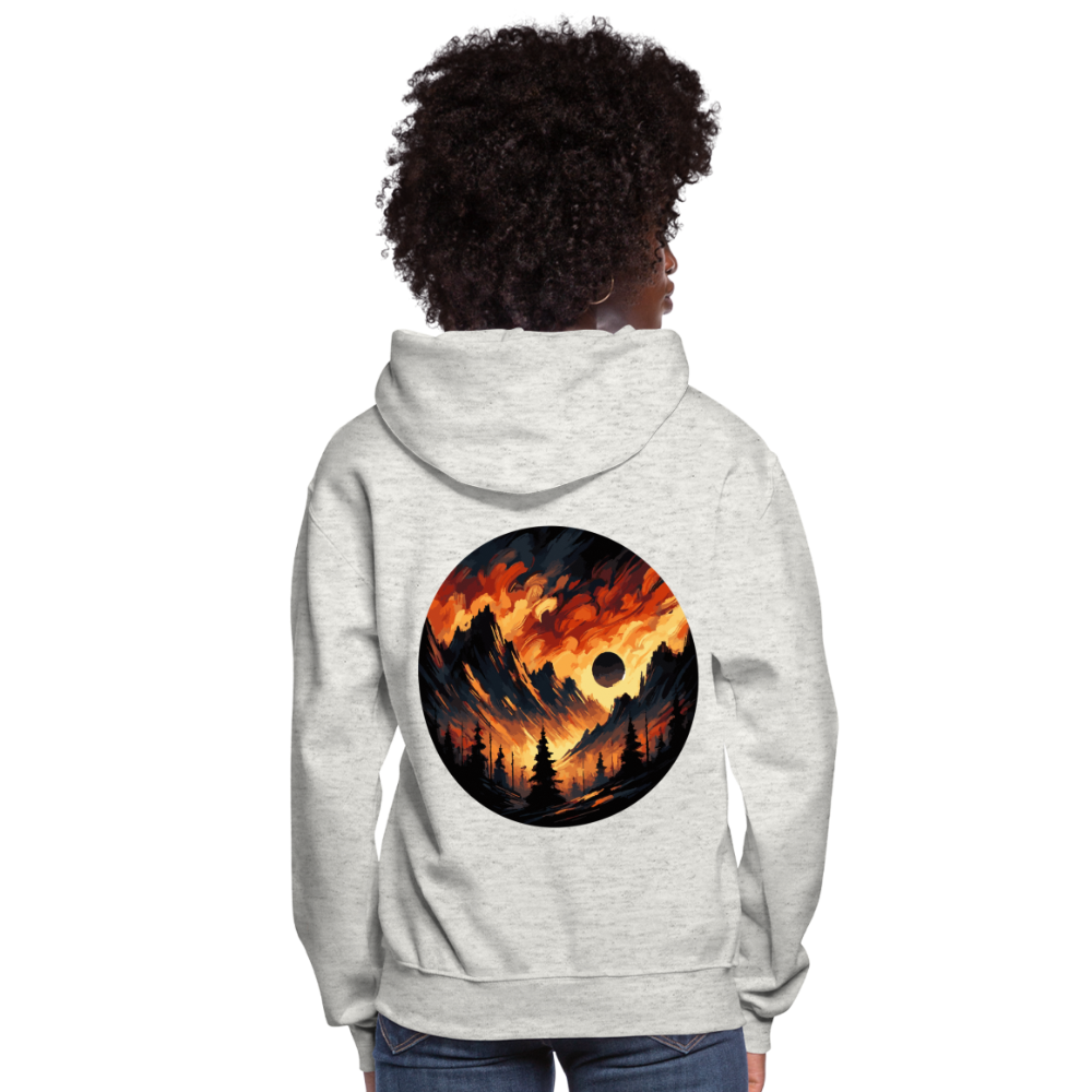 Women's Brushed Orange and Black Mountain Range Graphic Hoodie with Logo - heather oatmeal