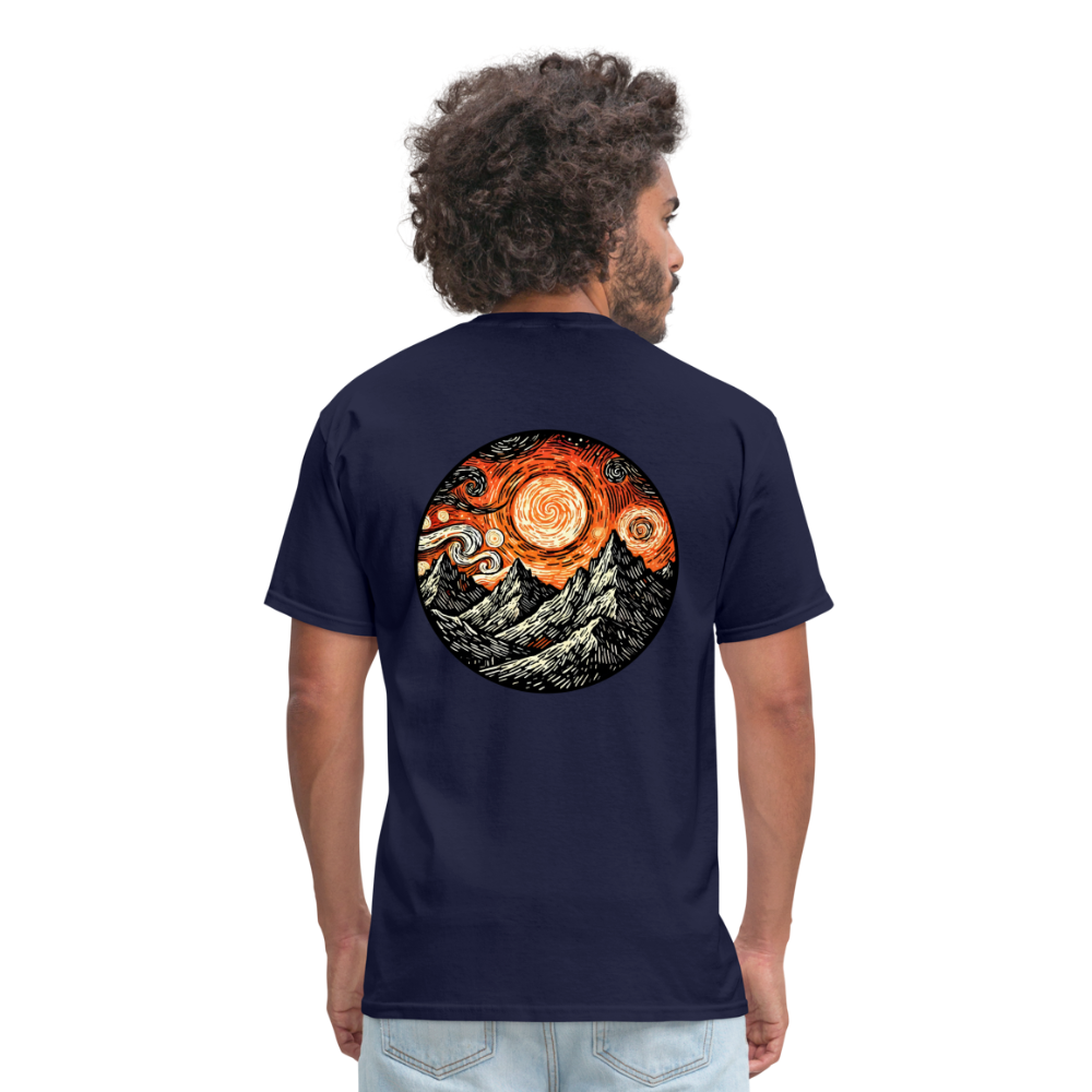 Orange Swirling Mountains Graphic Unisex Classic T-Shirt with Logo - navy