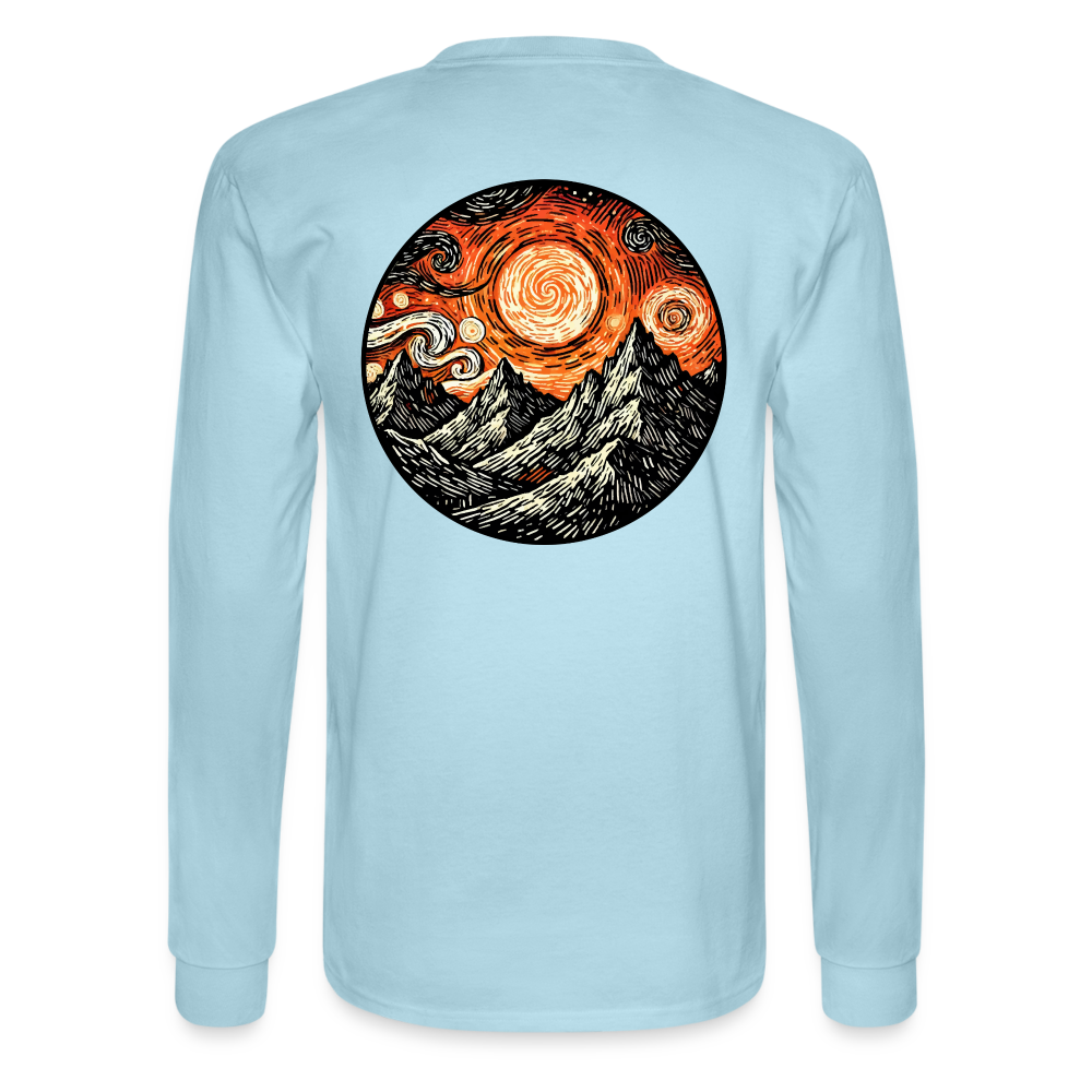 Men's Orange Swirling Mountains Graphic Long Sleeve Shirt with Logo - powder blue