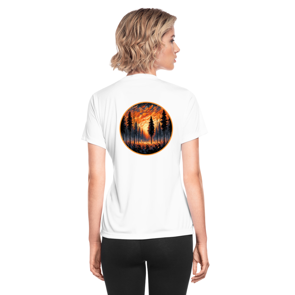 Women's Orange Forest Sunset Graphic Moisture Wicking Performance T-Shirt with Logo - white