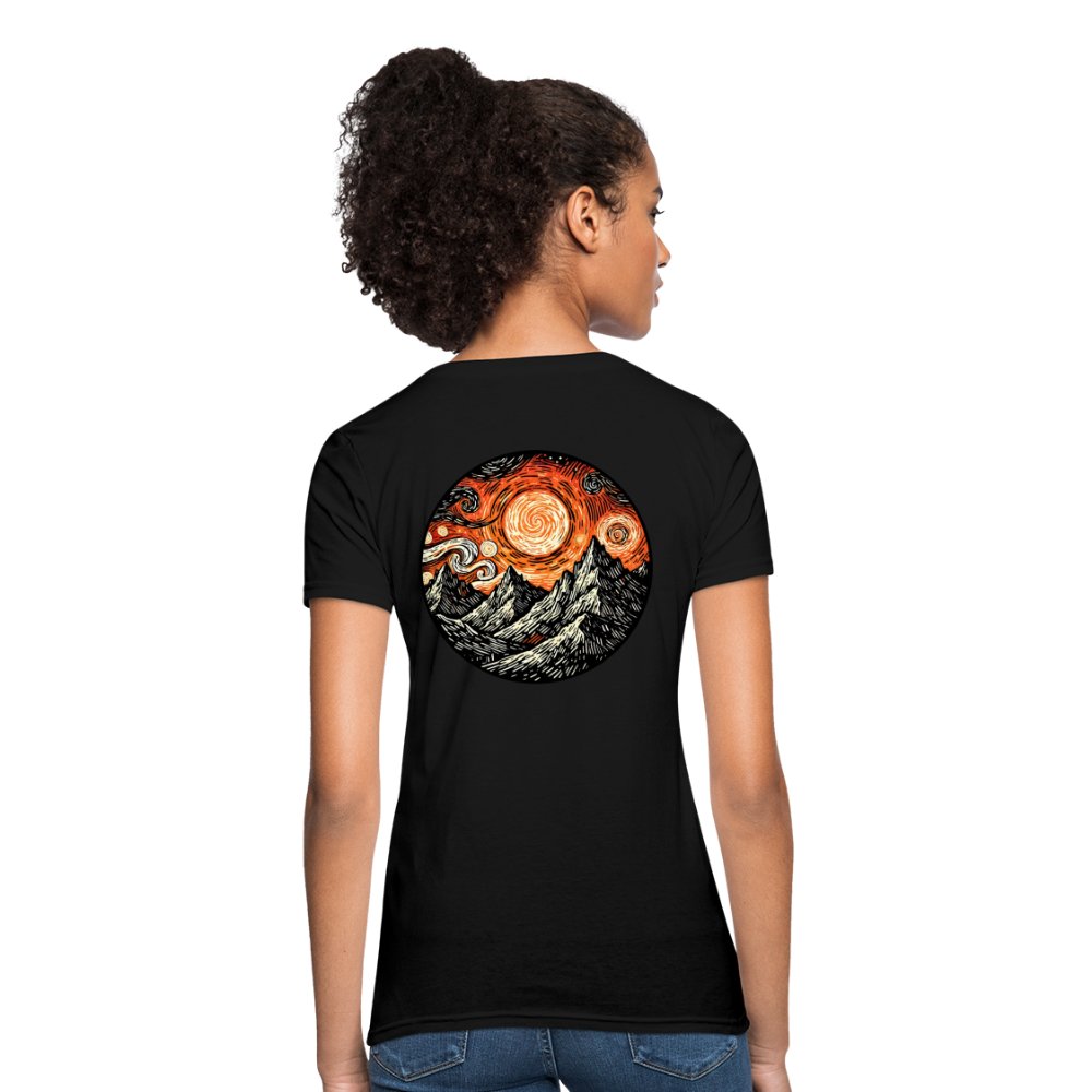 Women's Orange Swirling Mountains Graphic T-Shirt with Logo - black