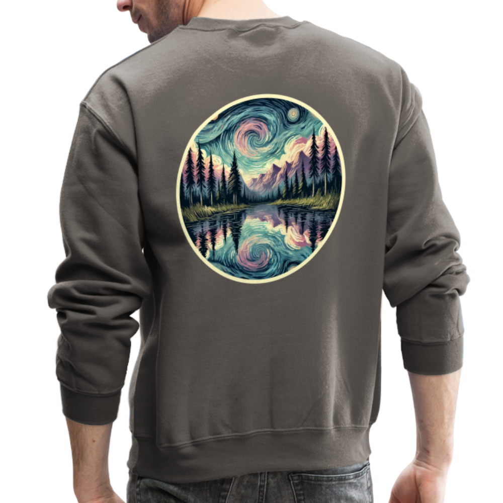 Purple Swirling Sky Reflected on Lake Graphic Crewneck Sweatshirt with Logo - asphalt gray