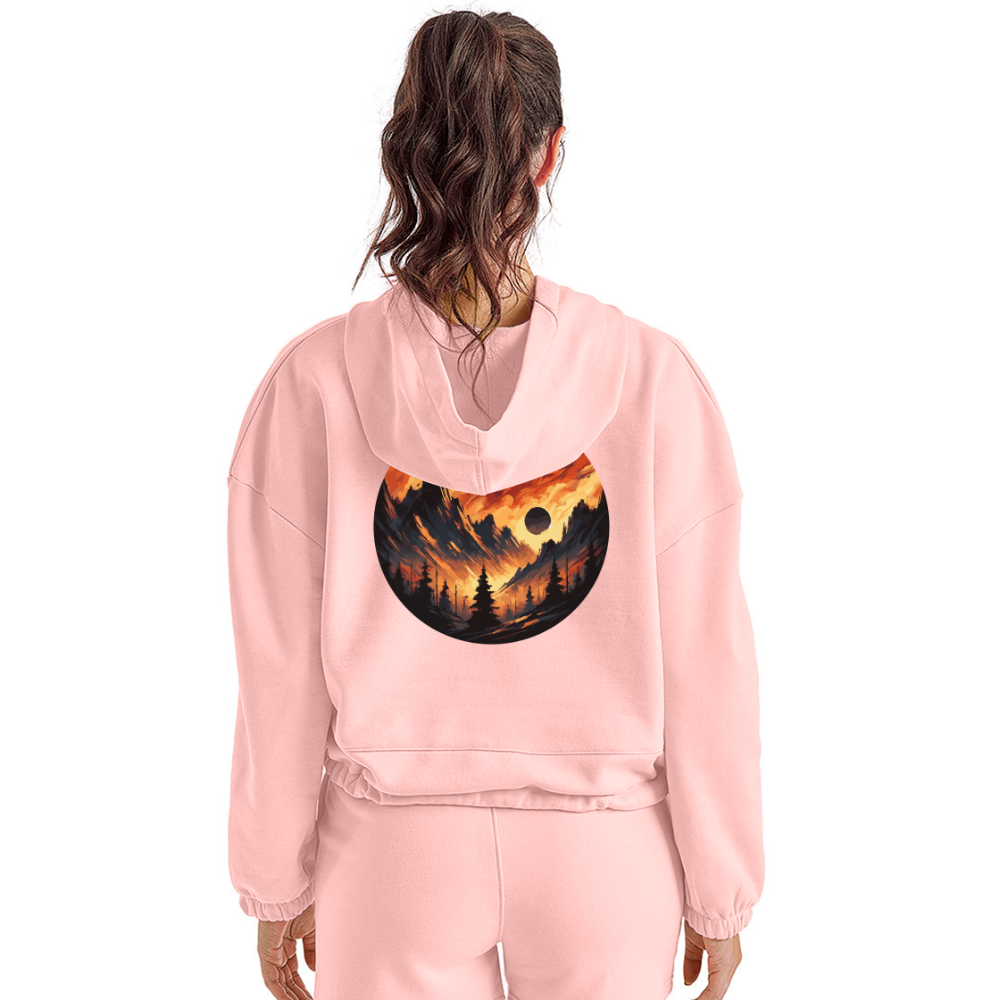 Women’s Brushed Orange and Black Mountain Range Graphic Cropped Hoodie with Logo - light pink