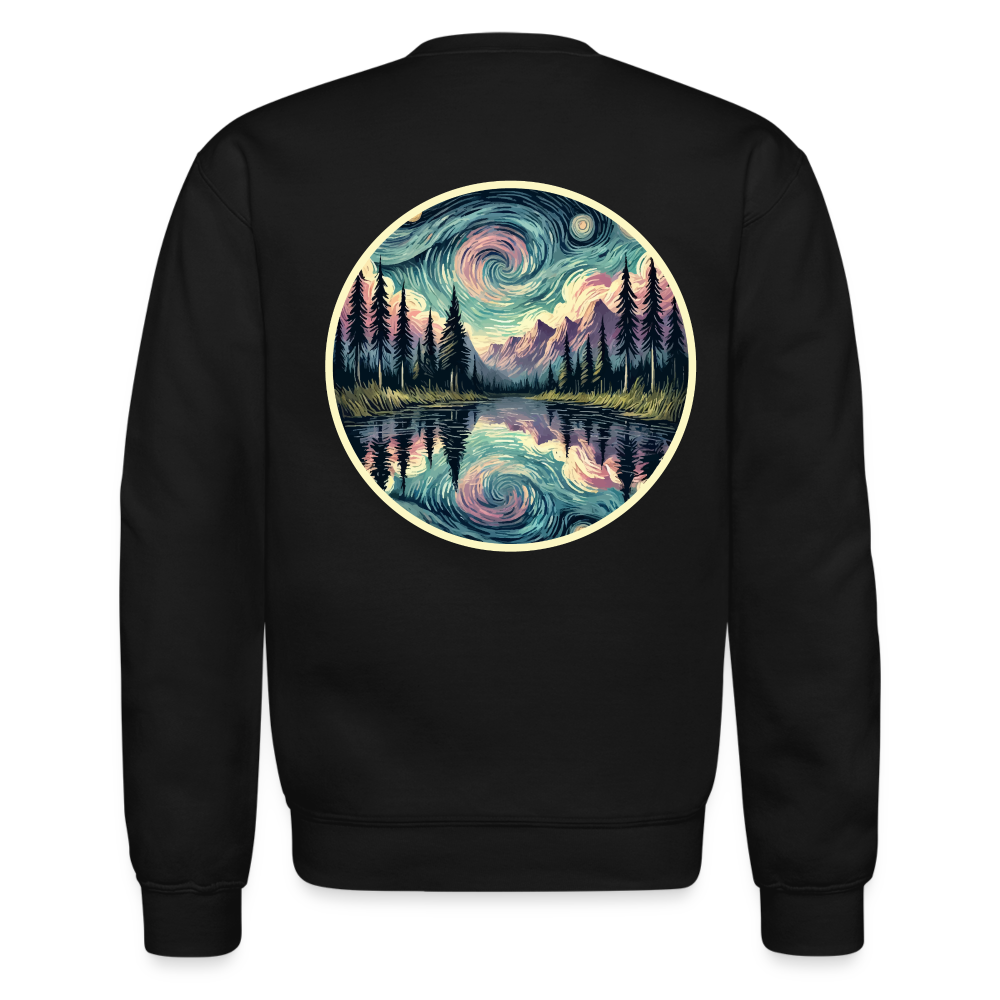 Purple Swirling Sky Reflected on Lake Graphic Crewneck Sweatshirt with Logo - black