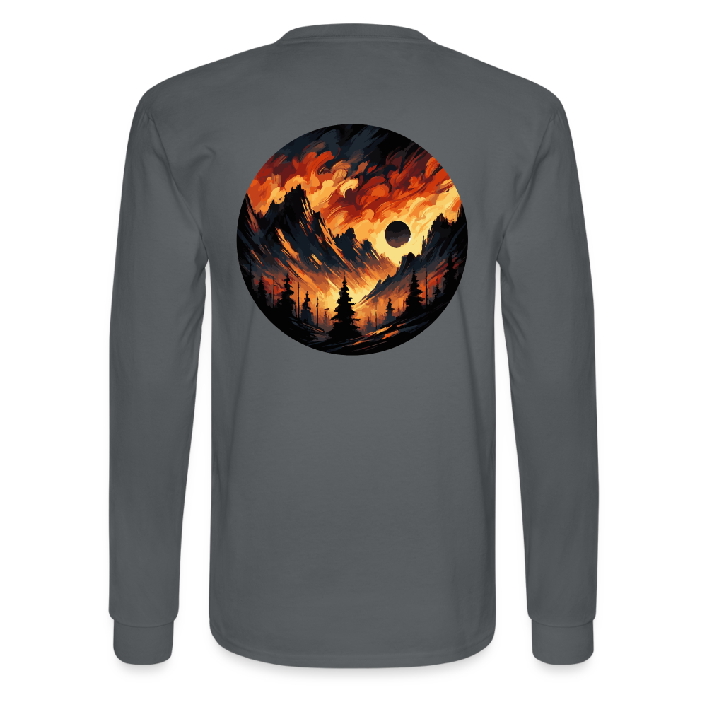 Men's Brushed Orange and Black Mountain Range Graphic Long Sleeve Shirt with Logo - charcoal