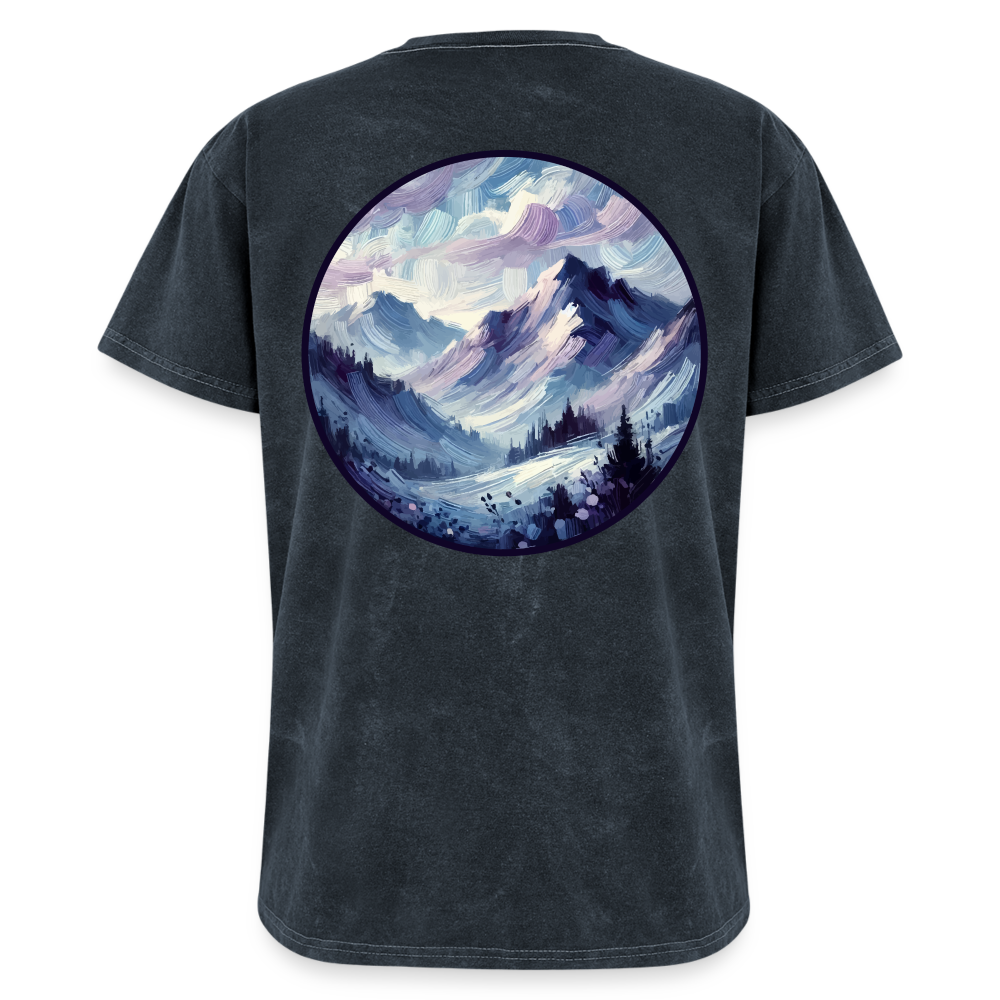 Lavender Blue Mountain Range Graphic Unisex Mineral Wash T-shirt with Logo - mineral navy