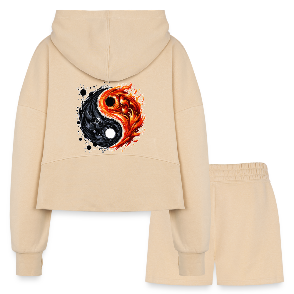 Women’s Official Ink and Ember  Yin and Yang Half Zip Cropped Hoodie & Jogger Short Set with Logo - nude