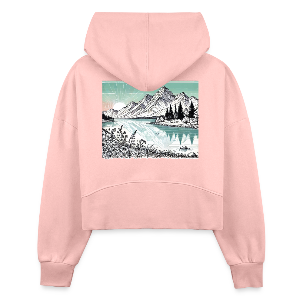 Women's Colored Mountain Lake Landscape Graphic Half Zip Cropped Hoodie with Logo - light pink