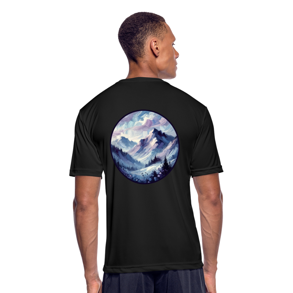 Men’s Lavender Blue Mountain Range Graphic Moisture Wicking Performance T-Shirt with Logo - black