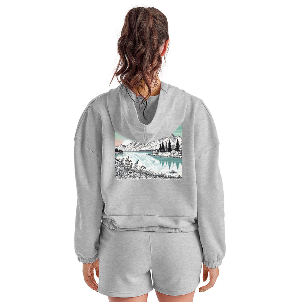 Women’s Colored Mountain Lake Landscape Graphic Cropped Hoodie with Logo - heather gray